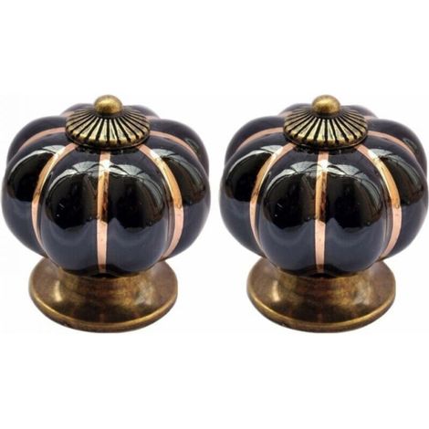 Lot de 2 boutons de meuble en porcelaine noire style vintage en forme de citrouille, boutons de tiroir, boutons d'armoire, poignées d'armoire (1/5)