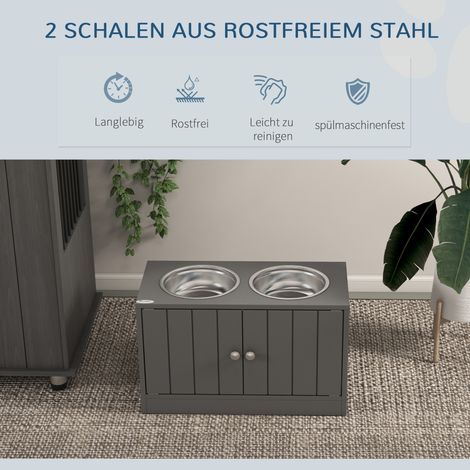 Erhöhter Futterautomat mit 2 Edelstahlnäpfen und 44-Liter-Staufach, Magnettüren, für große Hunde, grau. (1/5)