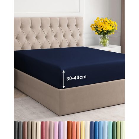 1 Drap-housse, 160x200 cm, microfibre brossée, bonnet 40 cm, matelas épais, bleu marine (1/5)