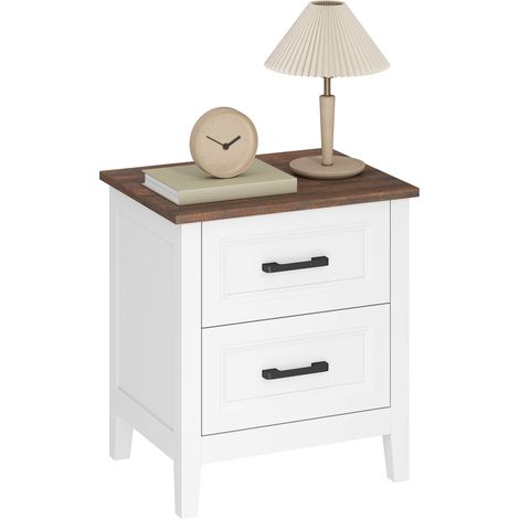 Comodino con 2 cassetti, piano effetto legno, stile rustico, per camera da letto, soggiorno, bianco