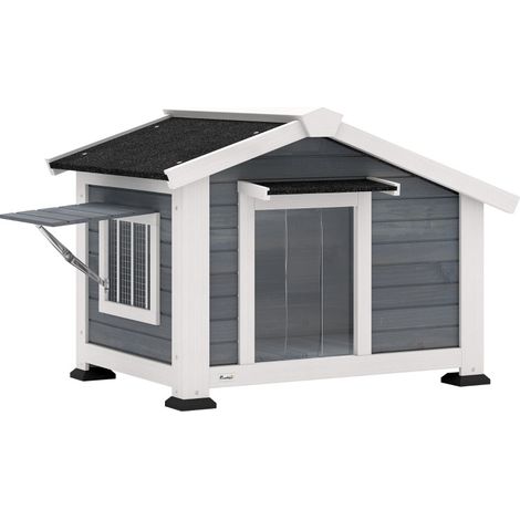 Maison pour chien en bois avec toit en asphalte, fenêtre ouvrante et sol amovible 98x76x69,5 cm gris (1/5)