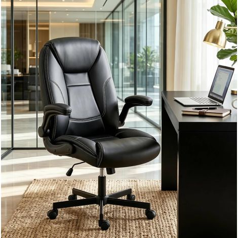 Silla de oficina 69,5x77x116 cm en PU negro con reposabrazos abatibles - MEUBLIV (1/5)