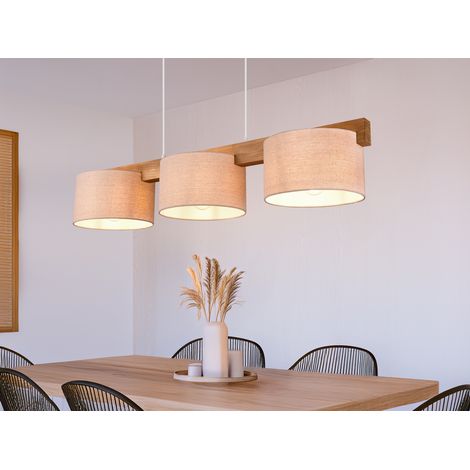 Pendelleuchte LANAT Holzbalken 3-flammig mit Stoffschirmen Beige, Breite 100cm (1/5)