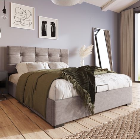 Bett 90x200 cm modern gepolstert in Samt Hellgrau, verstellbares Kopfteil, Lattenrost mit hydraulischem Stauraum (1/5)