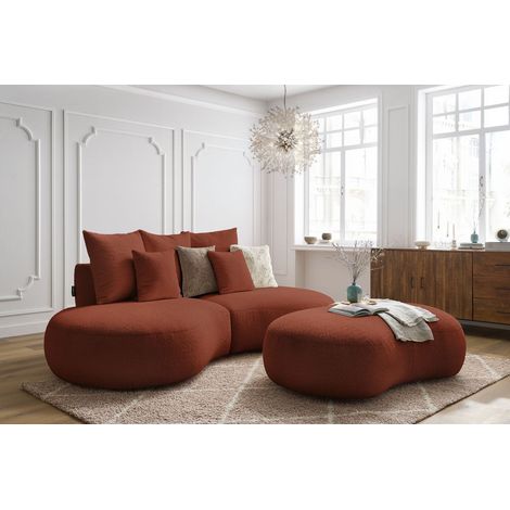 BOBOCHIC - Canapé droit fixe 3 places SAINT-GERMAIN tissu bouclette avec pouf Orange (1/5)