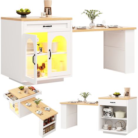 ELVMI Kücheninsel mit 2 Schubladen, Verstellbarem Einlegeboden, Riffelglastüren und RGB-LED, MDF, Weiß (1/5)