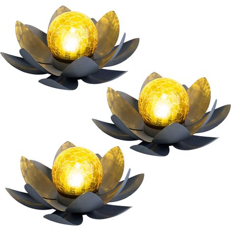 Asia Garten Lotusblüte Deko Solar Lotusblüte für Außen Gartenleuchte Deko Leuchten, Crackle Glas Metallblätter grau, 1x LED, D 25 cm, 3er Set