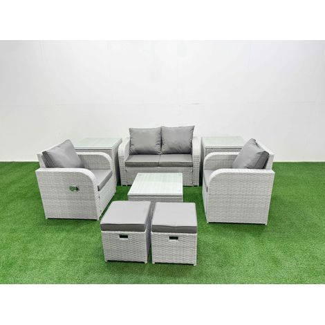 Fimous Light Grey PE Wicker Rattan Garden Furniture Set Sofa Set Reclining Adjustable Chair Square Coffee Table 6 Seater 2 Small Stools 2 Side Table (1/4)