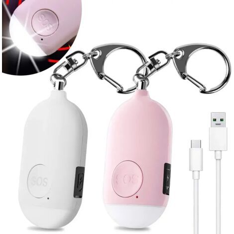 2 Pièces 130 DB Alarme Personnelle d'urgence,Rechargeable Alarme de Sécurité avec LED Lampe de Poche Torche Alarme Anti Agression,pour Femme Enfants Personnes Agées Aventurier – Rose&Blanc (1/5)