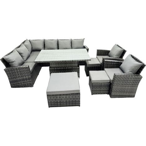Fimous Poly Rattan Outdoor Patio Height Adjustable Rising Lifting Table Corner Sofa Set with 3 Stool,2 Chairs for Garden Backyard Dark Grey Mixed (1/5)