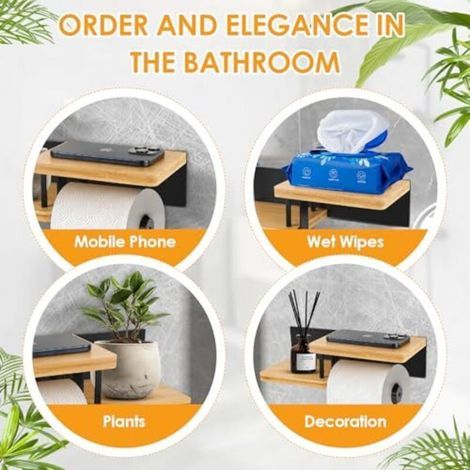 Porte-papier toilette avec étagère, porte-papier toilette en bambou en acier et bambou, porte-papier toilette sans perçage bois, porte-rouleau de papier toilette pour cuisine et salle (1/4)