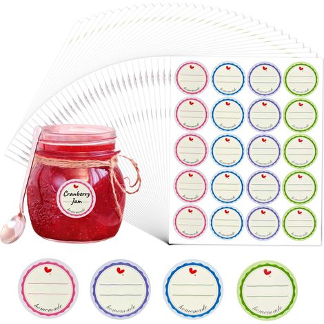 Étiquettes Autocollantes pour Bocaux, Confitures et Épices - Étiquettes Alimentaires Amovibles Imperméables pour Organisation Cuisine et Cadeaux (32 Feuilles, 4 Couleurs) (1/5)