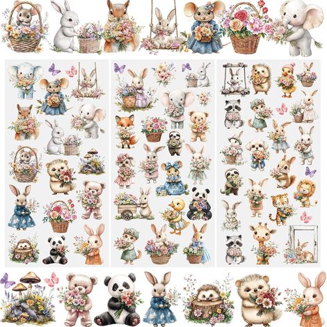 Lot de 3 feuilles d'autocollants pour meubles, décalcomanies à coller sur les transferts d'animaux, lapin, éléphant, fleurs, bricolage, décoration pour scrapbooking, fenêtre de maison, 15 x 30 (1/5)