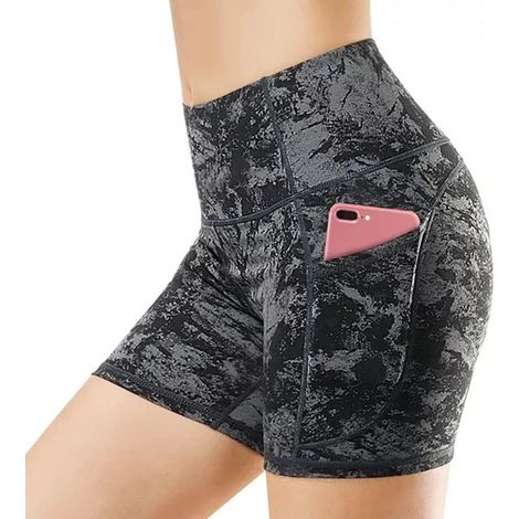 Damen-Sportshorts mit hoher Taille, Taschen und Marmorprint (1/5)