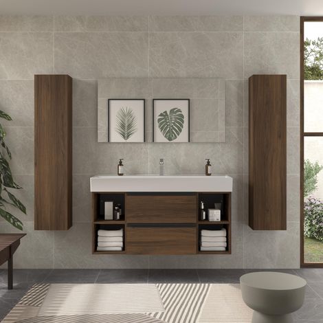 Meuble de salle de bain BEQUIA PLUS METAL 120cm Noyer Vasque Veneto Porcelaine Centrale 2H (1/5)