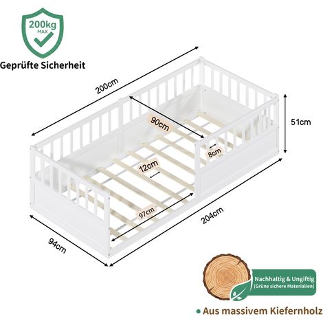 Lit enfant en bois massif 90x200 cm avec barrière de sécurité et sommier, lit Montessori à barreaux à côté ouvert, lit simple en pin blanc (1/5)