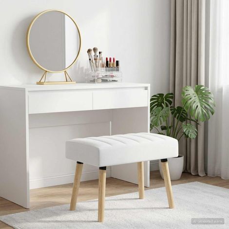 Banc capitonné blanc en tissu avec pieds en bois d’hévéa 60 x 40 x 45 cm - PANGIVO (1/5)
