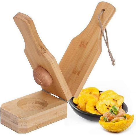 Presse à plantains Tostonera en bois, presse-bananes, broyeur de bananes, 2 en 1 pour des tostones croustillants, chips de plantains frits et coupes de tostones (1/5)