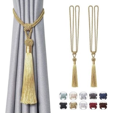 Lot de 2 embrasses de rideaux longues à pompons faites à la main en corde tressée avec nœuds de style européen pour décoration de fenêtre de maison et de bureau (doré) (1/5)