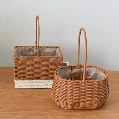 Panier fleurs portable en PP Rattan avec cadre métal - Panier à fruits et légumes à manche - 19.5x15x29cm - Vintage (1/5)