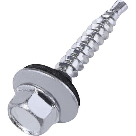 BEBUSINGOTO C57225 – Packung mit 50 selbstbohrenden Schrauben für Metall und Holz, Ø 4,8 x 35 mm + EPDM-Dichtungsscheibe – 8 mm Sechskantkopf – Stahl – silberfarben (1/5)