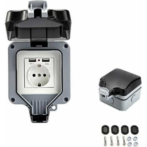 Prise murale d'extérieur double avec port USB, étanche et résistante, équipée d'une boîte murale simple pour une utilisation en extérieur.