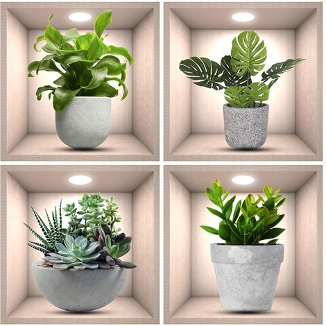 4pcs Autocollants Muraux de Plantes 3D, Autocollants Muraux de Plantes Vertes Autocollants Muraux de Plantes en Pot 3D (1/5)