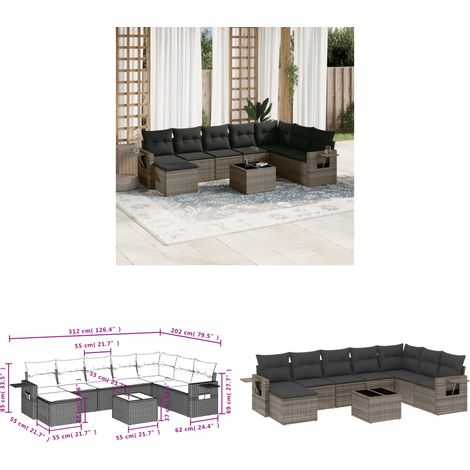 Salon de jardin 9 pcs avec coussins gris résine tressée - Salon De Jardin - Meuble De Jardin - Set Salon Extérieur - Résine Tressée - Rotin Synthétique - Home & Living