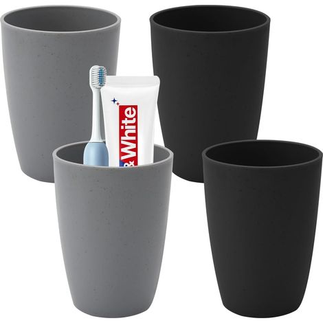Gobelets Brosse à Dents - Lot de 4 - Plastique PP - Empilables et Antidérapants - Salle de Bain et Voyage - Gris et Noir 300ml (1/5)