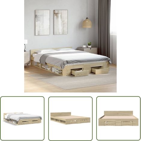 The Living Store Bettgestell mit Schubladen Sonoma-Eiche 140x200cm Holzwerkstoff - Bettesrahmen - Holzbettfassungen - Doppelbett - Eiche Möbel - Schrankbett (1/5)