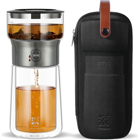 Simple tea infuser teapot,  one-click drip teapot,  small glass teapot with 270ml insulated cup,  black (1/5)