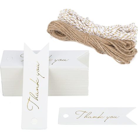 100PCS Étiquettes Papier Kraft Étiquette Cadeaux Tags Étiquette de Police Dorée de Haute Qualité 7x2cm avec Ficelle pour Mariage,Anniversaire,Saint Valentin,Noël (Blanc)