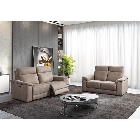 STANLEY - Canapé Relax Electrique 3 Places + Canapé 2 Places Fixe Tissu Taupe (1/5)