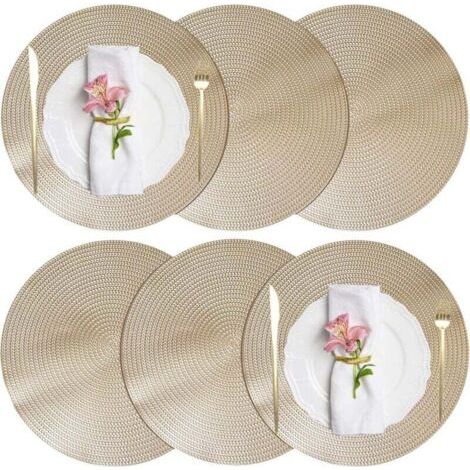 Lot de 6 Sets de Table Ronds Lavables Antidérapants Résistants à la Chaleur et Taches PVC 38 cm Or