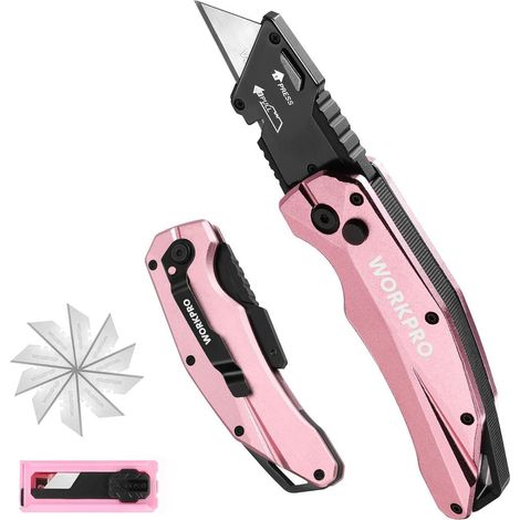 Cutter pliant tout métal, lame trapèze SK5, ouverture rapide, verrouillage sécurisé, 10 lames supplémentaires, rose (1/5)