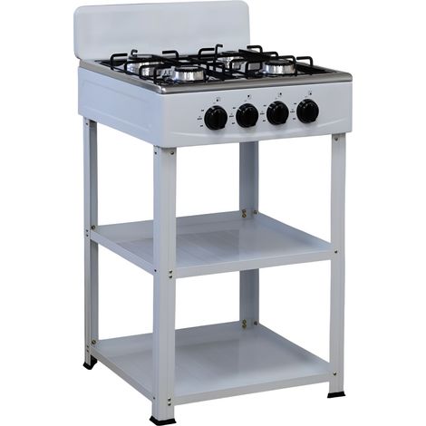Marvin Fornello a Gas 4 Fuochi da Campeggio Piano Cottura con Supporto 2 Ripiani in Acciaio Cucina da Esterno Portatile Piastra Inox Bianco