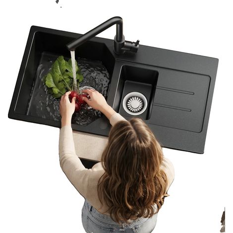 Évier de cuisine, double compartiment, matériau composite durable, noir (1/5)