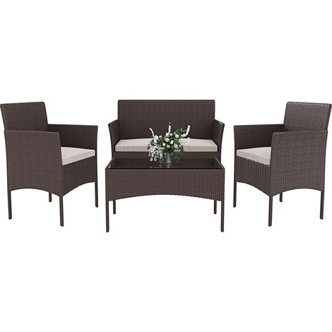Arreditaly Set Di Mobili da Giardino Salotto Salottino in Rattan 4 Posti con Tavolino E Ripiano In Vetro 2 Poltrone e Divano 2 Posti Per Giardino Esterno Piscina Cuscini Sfoderabili (Brown)