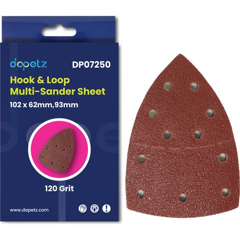 Dapetz ® 10Pcs 11 Punched Holes Triangle Sanding Discs Pads 102 x 62mm, 93mm Aluminium Oxide Hook & Loop 120 Grits Sandpaper Assortment for Use with Random Orbital Sander For General Purpose Sanding (1/5)