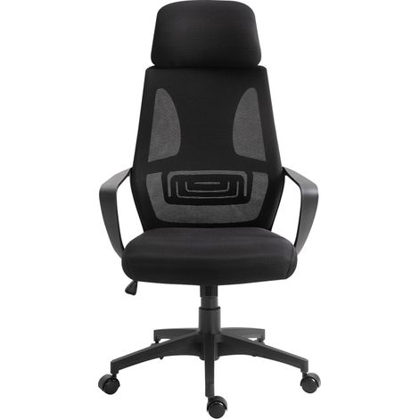 Bürostuhl Höhenverstellbar mit Wippfunktion, Kopfstütze und Lendenstütze, Armlehnen, Polyester, Schwarz (1/5)
