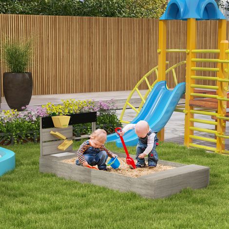 Sandkasten mit Wasserstation, 2 Pflanzkästen, behandeltes Massivholz, 154 x 80 x 60cm, Grau
