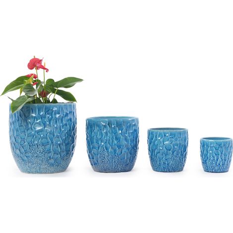 Pot de fleurs céramique Ø30 cm bleu brillant, gain de place, effet martelé FloraGrace (1/5)
