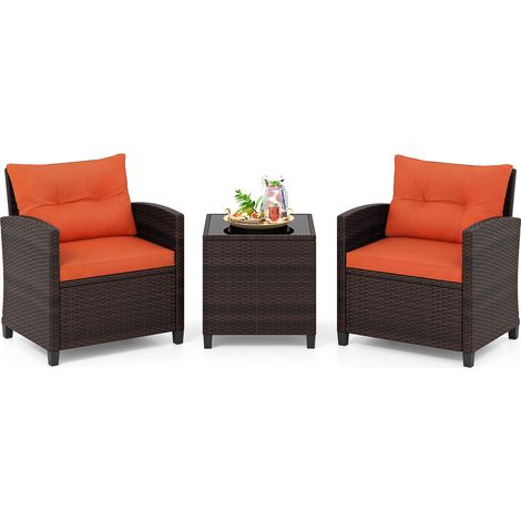 Salon de Jardin en Rotin - 3 Pièces - Charge 180KG - 2 Fauteuils et Table Basse avec Plateau en Verre Trempé – Orange (1/5)