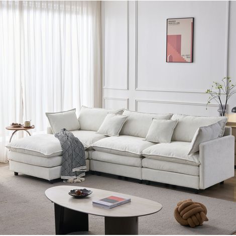 Canapé d’angle modulable 3 places en chenille beige avec pouf, housses amovibles (1/5)
