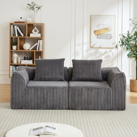 Divano lineare a 2 posti - 185x101x72,5 cm - Modulare in velluto a coste, stile minimalista, per salotto, pronto all’uso con 2 cuscini - Grigio (1/5)