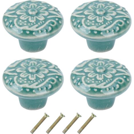 Lot de 4 boutons de meuble en céramique motif floral vert avec vis Poignées de porte rondes pour tiroirs, commodes, armoires de cuisine Boutons de meubles rétro pour armoires (1/5)