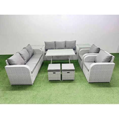 Fimous Rattan High Back Lounge Sofa Set Patio Dining Table & Chairs Set with 3 Seater Sofa 2 Reclining Chairs 2 Side Tables 2 Small Stool Light Grey (1/4)