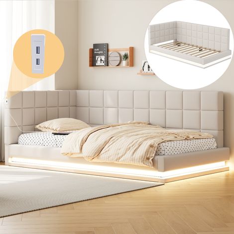 Letto singolo 90 x 190 cm in velluto, divano letto multifunzione con striscia LED, porta USB e rete a doghe, tessuto morbido - Beige (1/5)