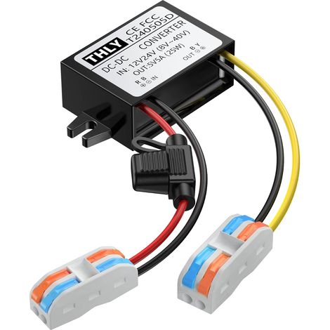 Convertisseur Step Down, Abaisseur de Tension 24V 12V à 5V (Accepter Entrées DC 8-40V) 5A 25W avec Fusible étanche Et Les Blocs de Câblage, Réducteur Tension pour Voiture électronique Système Solaire (1/5)