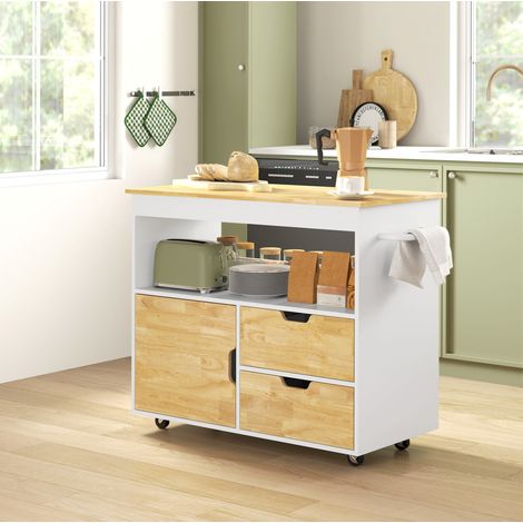 Carro de cocina 107 x 50 x 85 cm roble con encimera, cajones y compartimento abierto (1/5)